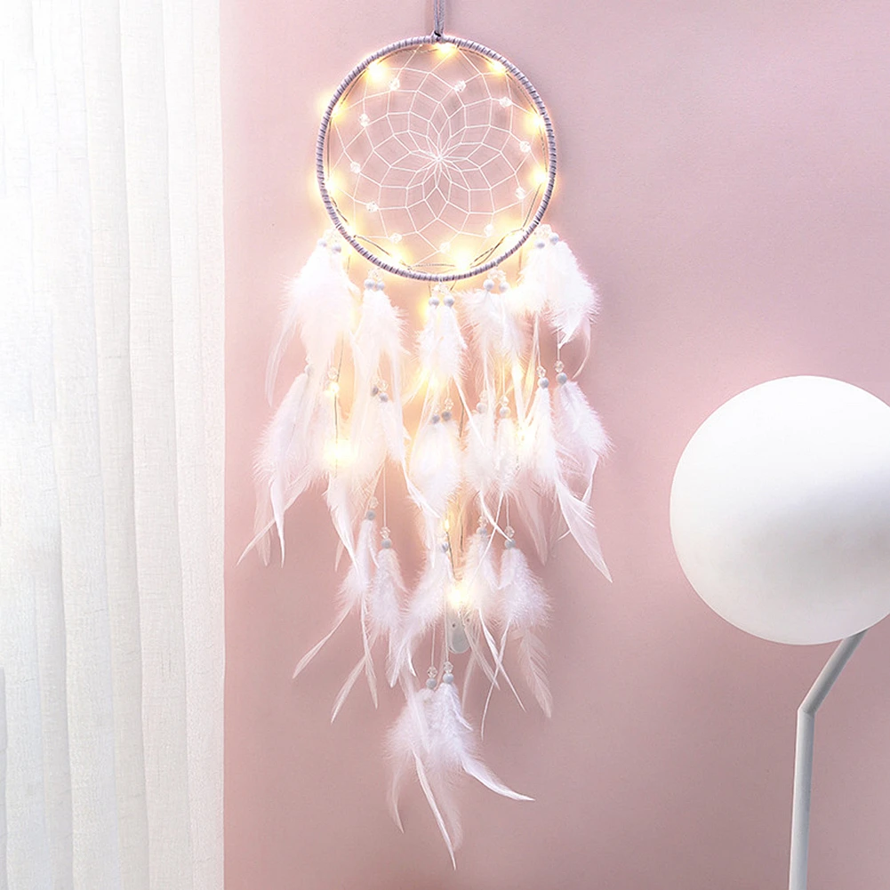 

Girl Heart Dream Catcher National Feather Ornaments Lace Ribbons Feathers Wrapped Lights Girls Room Decor Dreamcatcher