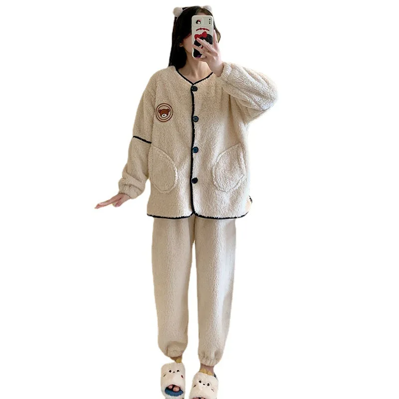 M-5XL New Female Autumn And Winter Flannel Thickened Warm Coral Fleece Home Wear Pajamas Set