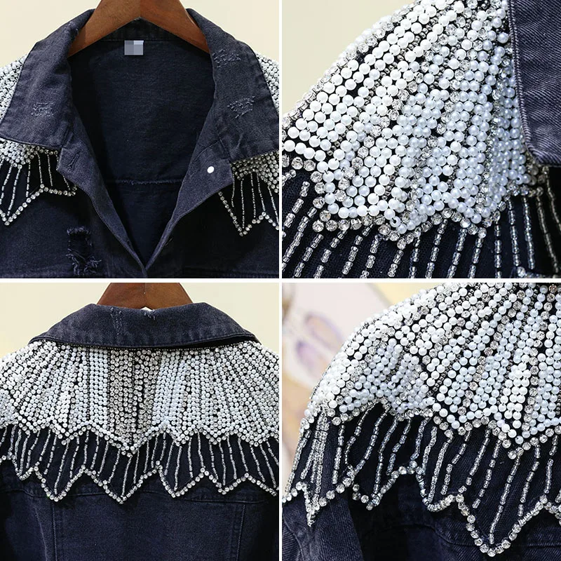 

2019 Autumn New Back Heavy Bead Black Jeans Coat Personality Women's Loose Denim Jacket College Wind Students Short Cowboy Coats