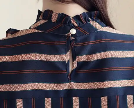 

Stand collar ruffled striped chiffon long sleeve shirt