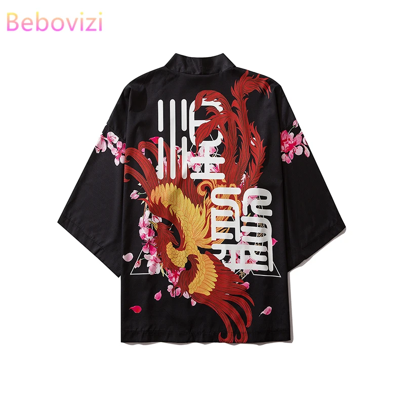 

17 Style Black Phoenix Print Harajuku Japanese Fashion Kimono Women Men Cardigan Blouse Haori Obi Asian Clothes Samurai