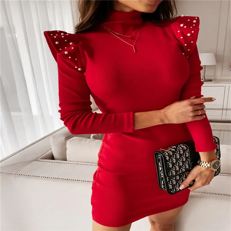 

Autumn Puff Sleeve Party Dresses Black Slim Dress Women Elegant Turtleneck Long Sleeve Femme Robe Knitted Beading Bodycon 2021
