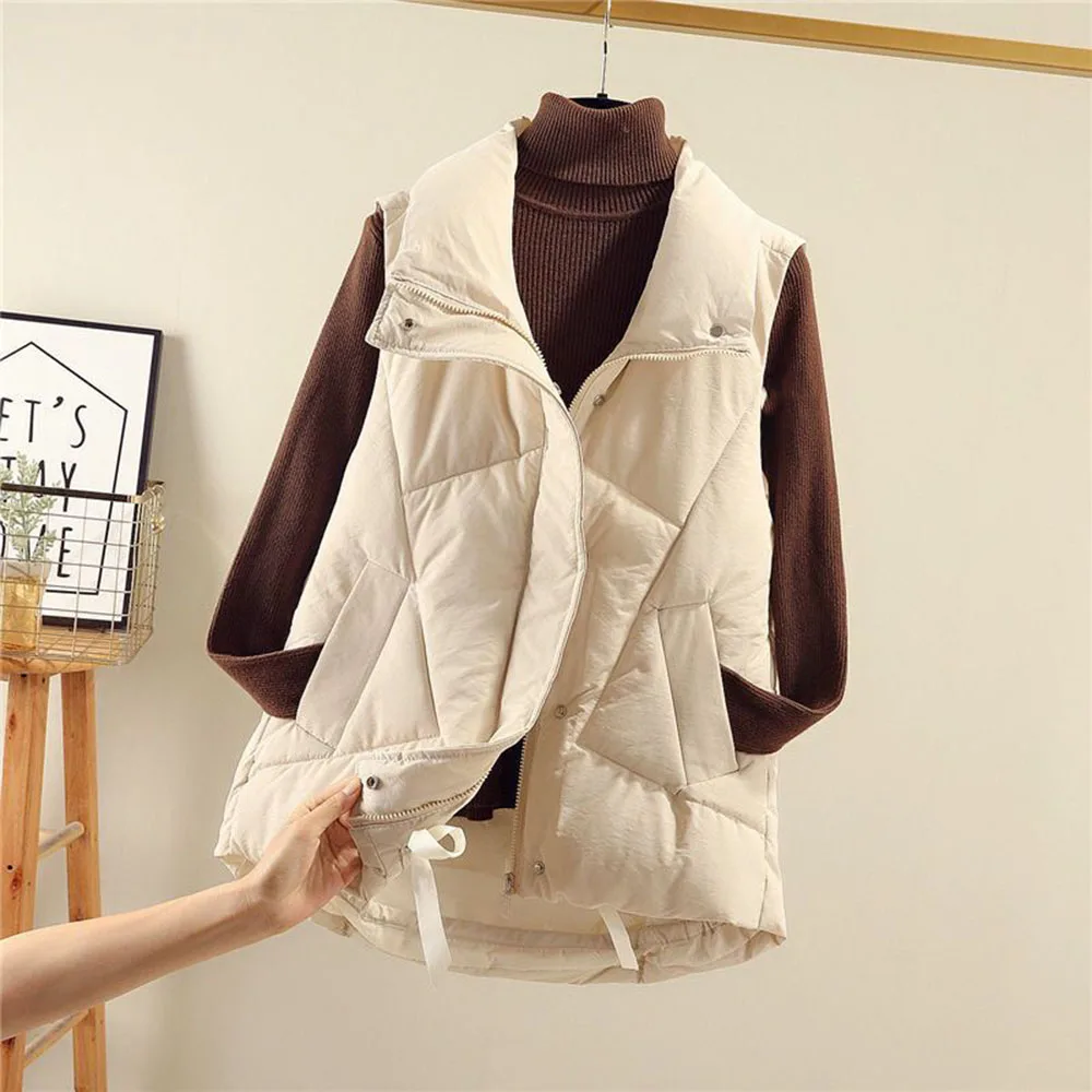 

Winter Coat For Women Zipper Turndown Collar Solid Down Cotton Waistcoat Winter Loose Sleeveless Vest Jacket Пуховик Женский