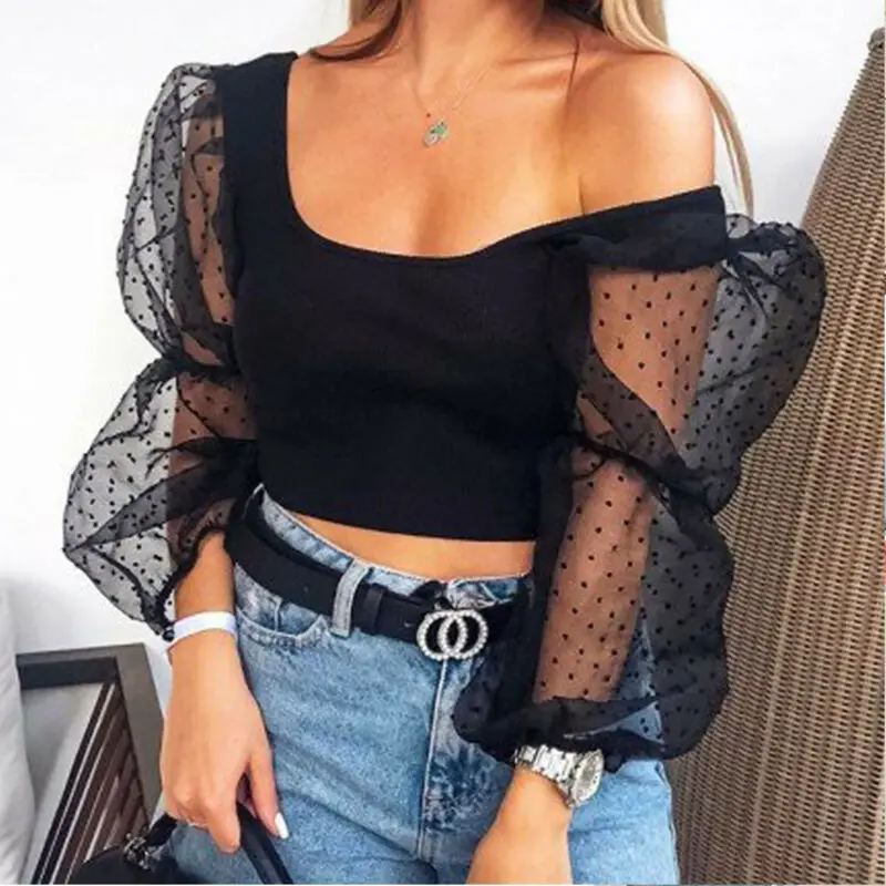 

Women Polka Dot Mesh Tops See Through Shirts Mesh Puff Sleeve Blouse Elegant Party Square Neck Clubwear Blouses Female Blusas