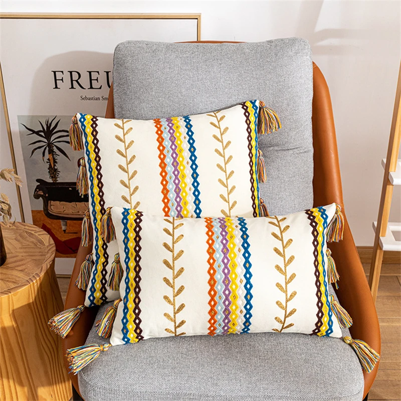 

Moroccan Cushion Cover Cotton Tassels Leaves Embroidery Pillowcase 30x50cm/45x45cm Living Room Decoration Pillow Boho Home Decor
