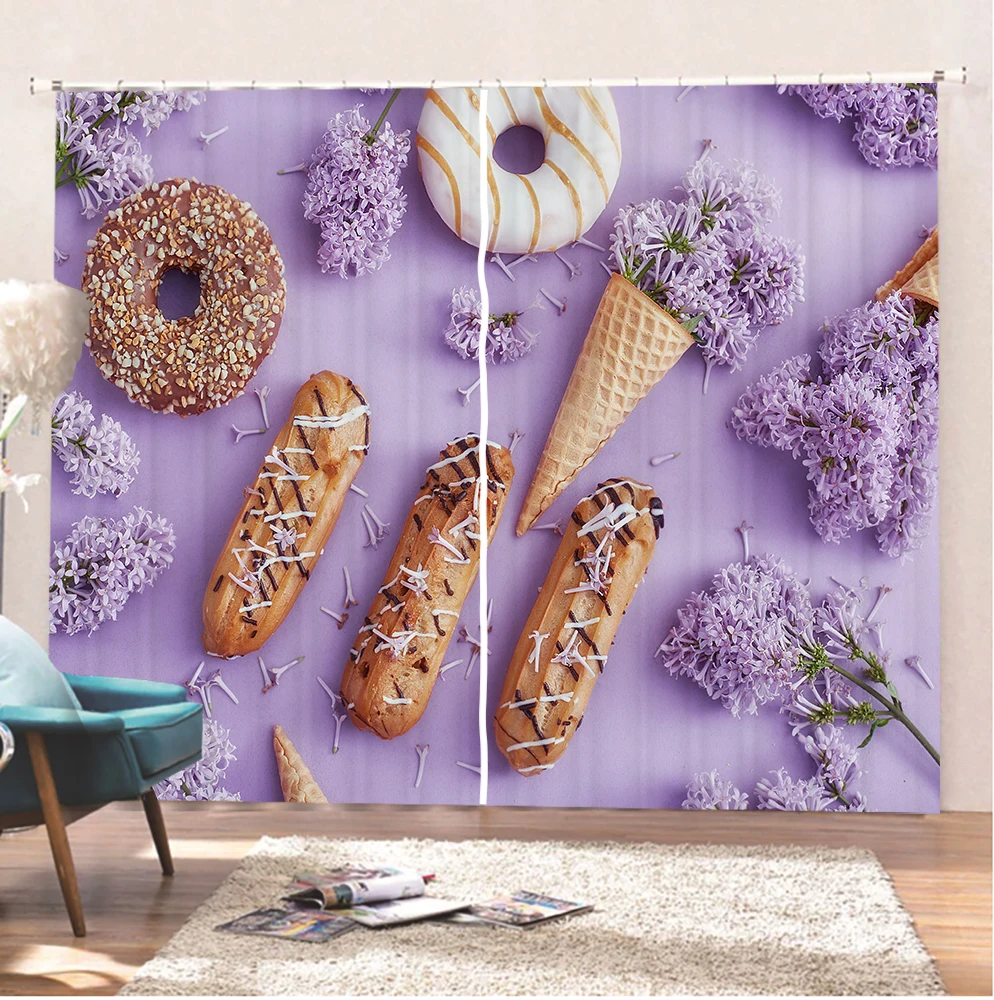 

Занавески с 3D-принтом в виде пончиков, шоколада, восхитительные яркие занавески для торта, затемняющие занавески для комнаты, мягкие занаве...