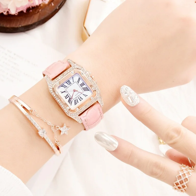 

Women Watch Luxury Leather Bracelet Ladies Watch Quartz Wristwatches Clock Female Minimalist Pink Diamond relogio feminino