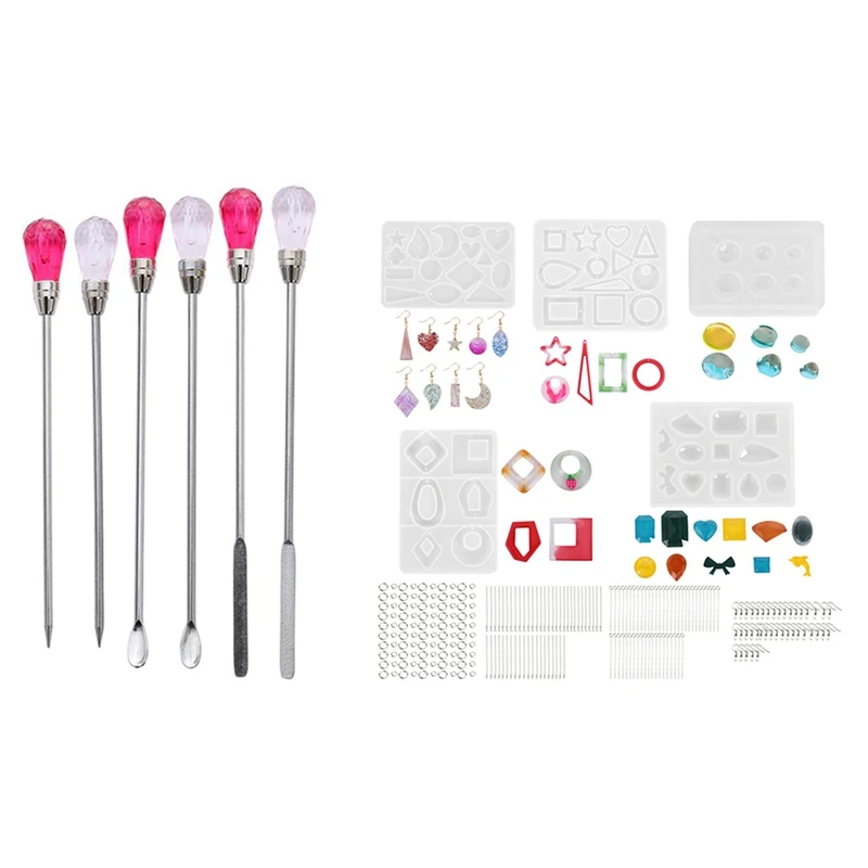

2 Sets Silicone Resin Mold Tool Set Stirring Needle Spoon Pink+Rose Red & 245Pcs Resin Molds Jewelry Making Kit