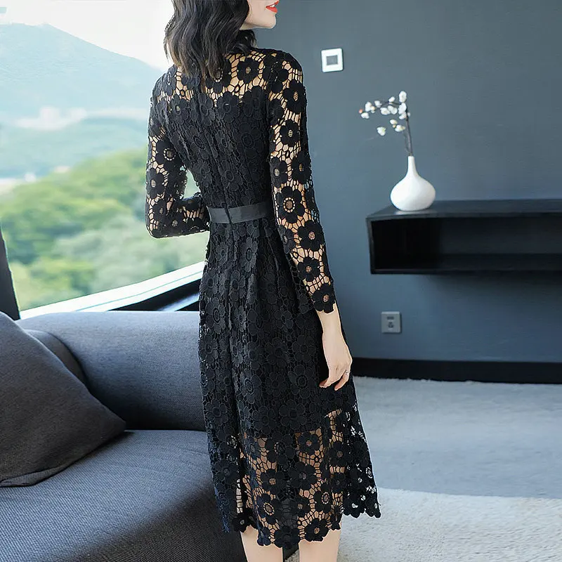 Весенне летнее кружевное платье женское элегантное черное вечерние миди женские
