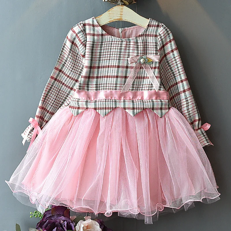 Осеннее повседневное Сетчатое платье в клетку с длинными рукавами стиле пэчворк