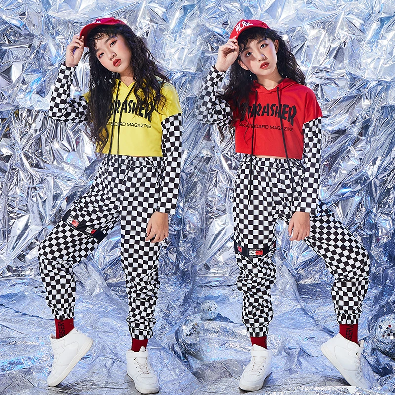 Танцевальные костюмы в стиле хип хоп для девочек костюм клетку желтая джазовая одежда с длинным рукавом