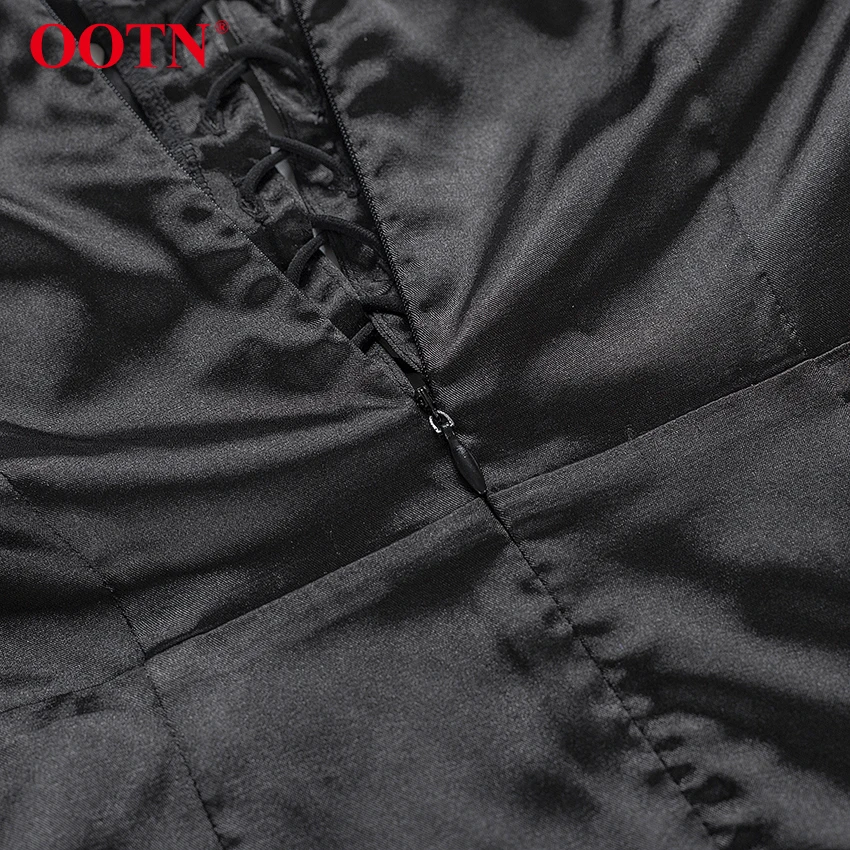 OOTN, сексуальное сатиновое платье с открытыми плечами и рюшами, мини-платье с рюшами и завязками, женское черное элегантное платье с длинным рукавом