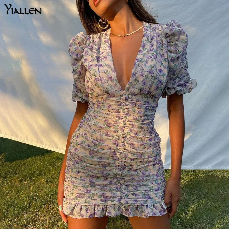

Yiallen Fashion Elegant Print Boho Floral Office Lady Street Puff Sleeve V Neck Slim Women Dress Summer Club Party Beach Dresses