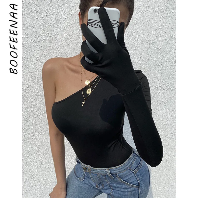 BOOFEENAA сексуальный черный боди с перчатками на одно плечо длинным рукавом