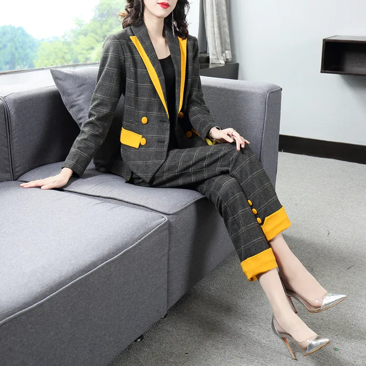 Vogue of new of autumn winters commuter plaid suit color matching collar suit collect waist feet nine minutes of pants