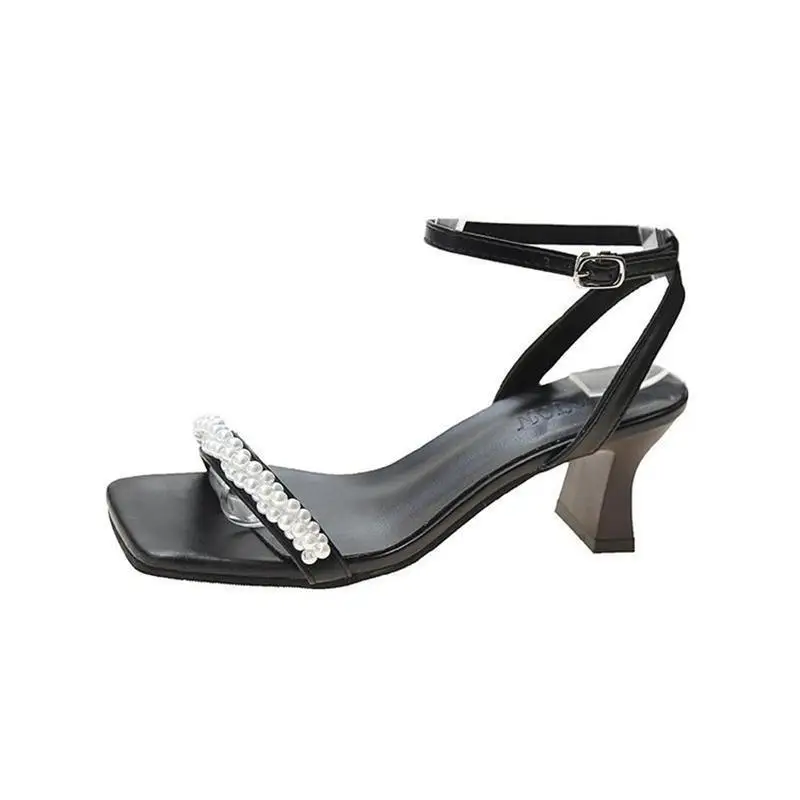 

Med 2021 Summer High Heel Sandal for Women Female Shoe Square Toe Buckle Strap Medium High-heeled Retro Girls Comfort Pearl New