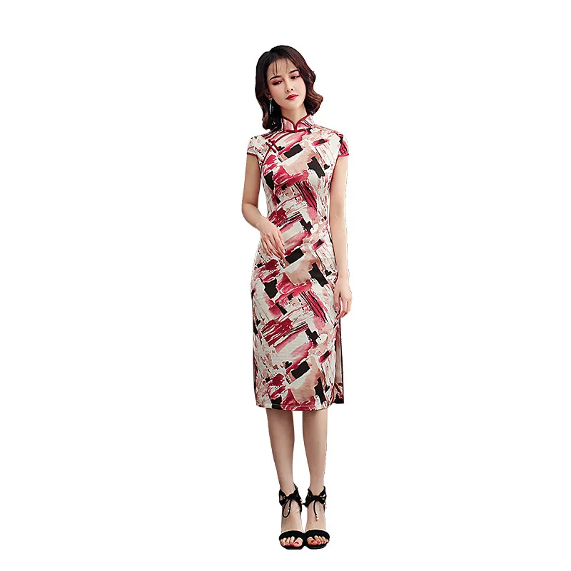 Женское шелковое Платье Ципао средней длины красное вечернее в китайском стиле