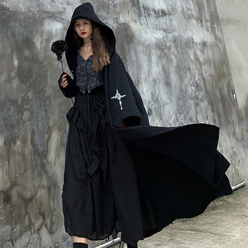 LANMREM черная с длинными рукавами капюшоном вышитая Крестовая щель тонкая ветровка