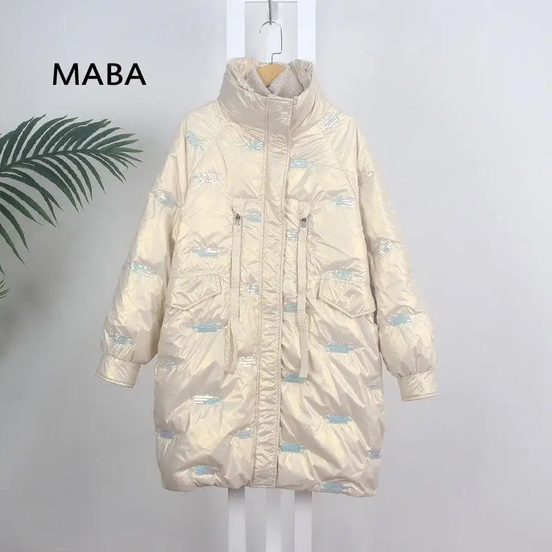 

Женский пуховик с вышивкой, свободное толстое теплое пальто на белом утином пуху с воротником-стойкой и длинным рукавом, в Корейском стиле, ...