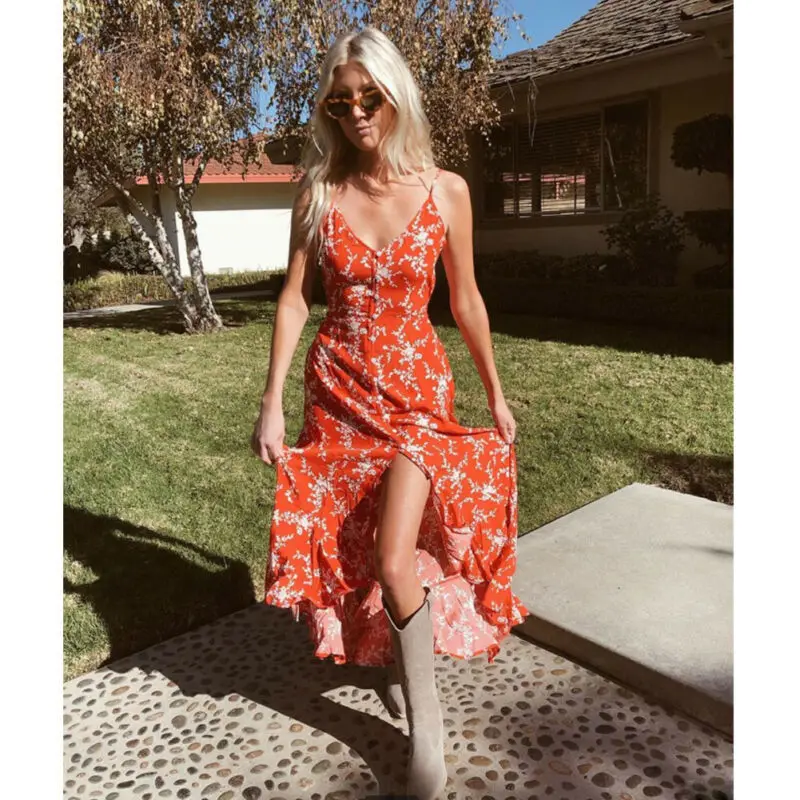 

Women's Sling Floral Long Dresses arrival Summer Boho V-Neck Sleeveless Evening Party Beach Maxi Dress Casual Sundress