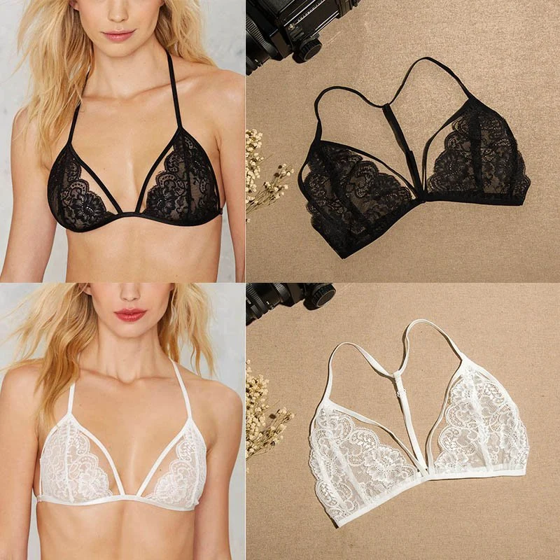 

Sexy Floral Lace Bras See Through Bralette Thin Belt Deep V Wire Free Bralette Lingerie Women Cross Back Underwear Sleepwear