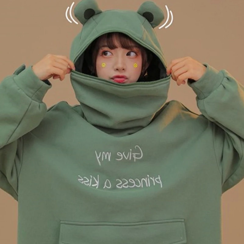 

Women Long Sleeve Oversize Sweatshirt Cute Frog Hoodies Letters Solid Tunic Tops BX0B