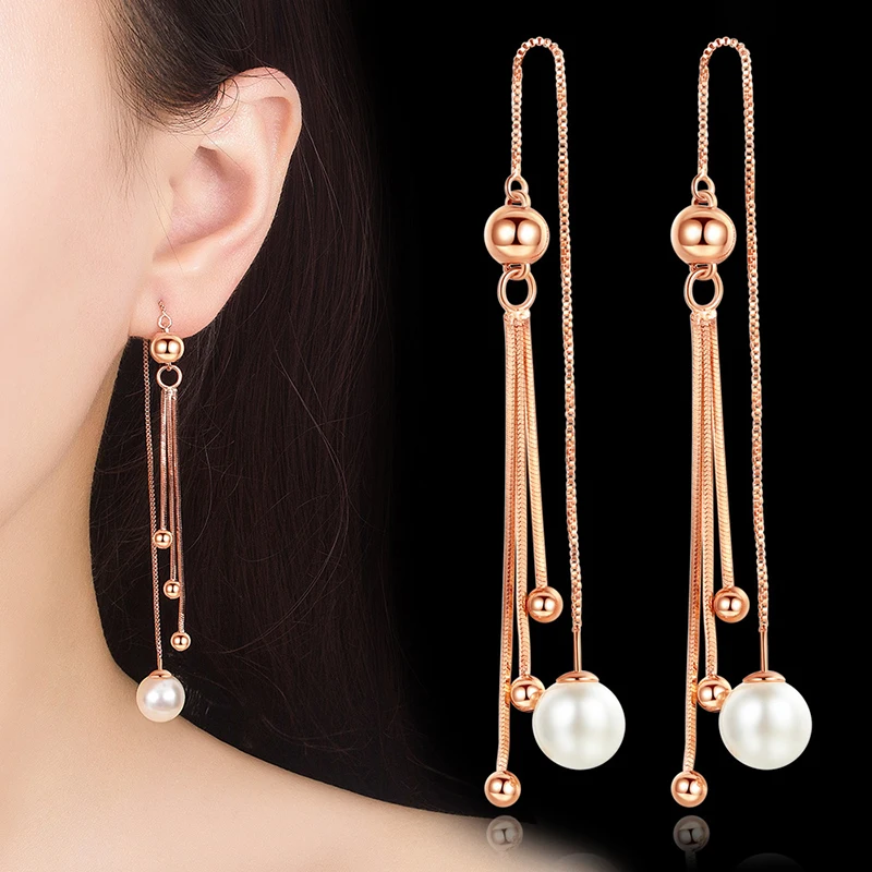 

New Fashion Charming Drop Earrings Long Box Chain Tassel Pearl Dangle Earring Romantic Rose Gold Female Earring Piercing Jewelry