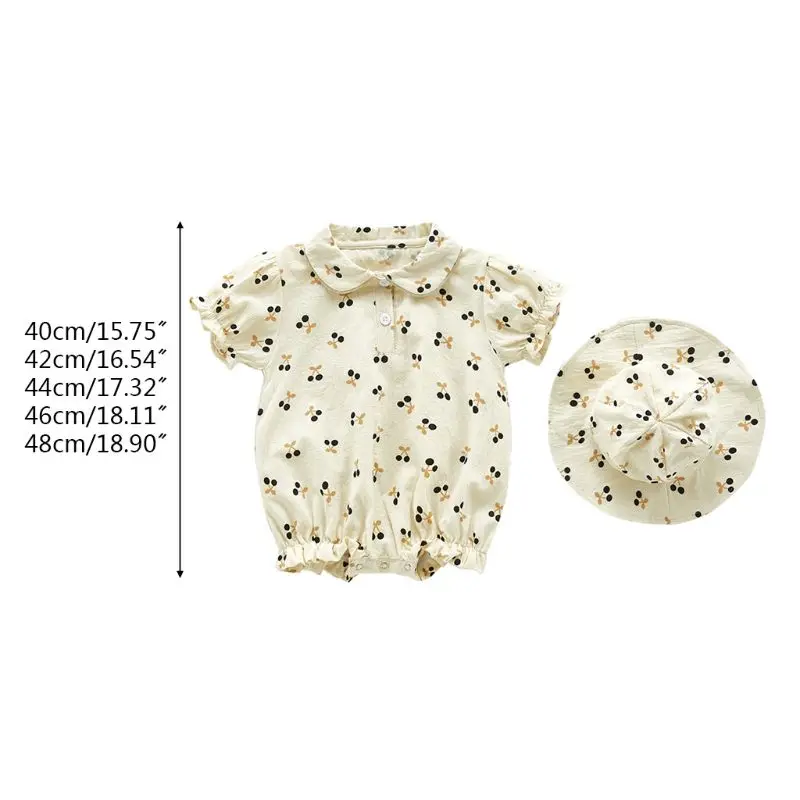 

2Pcs Baby Girl Boy Rompers Hat Set Cotton Cherry Flowers Jumpsuit Cap Clothes
