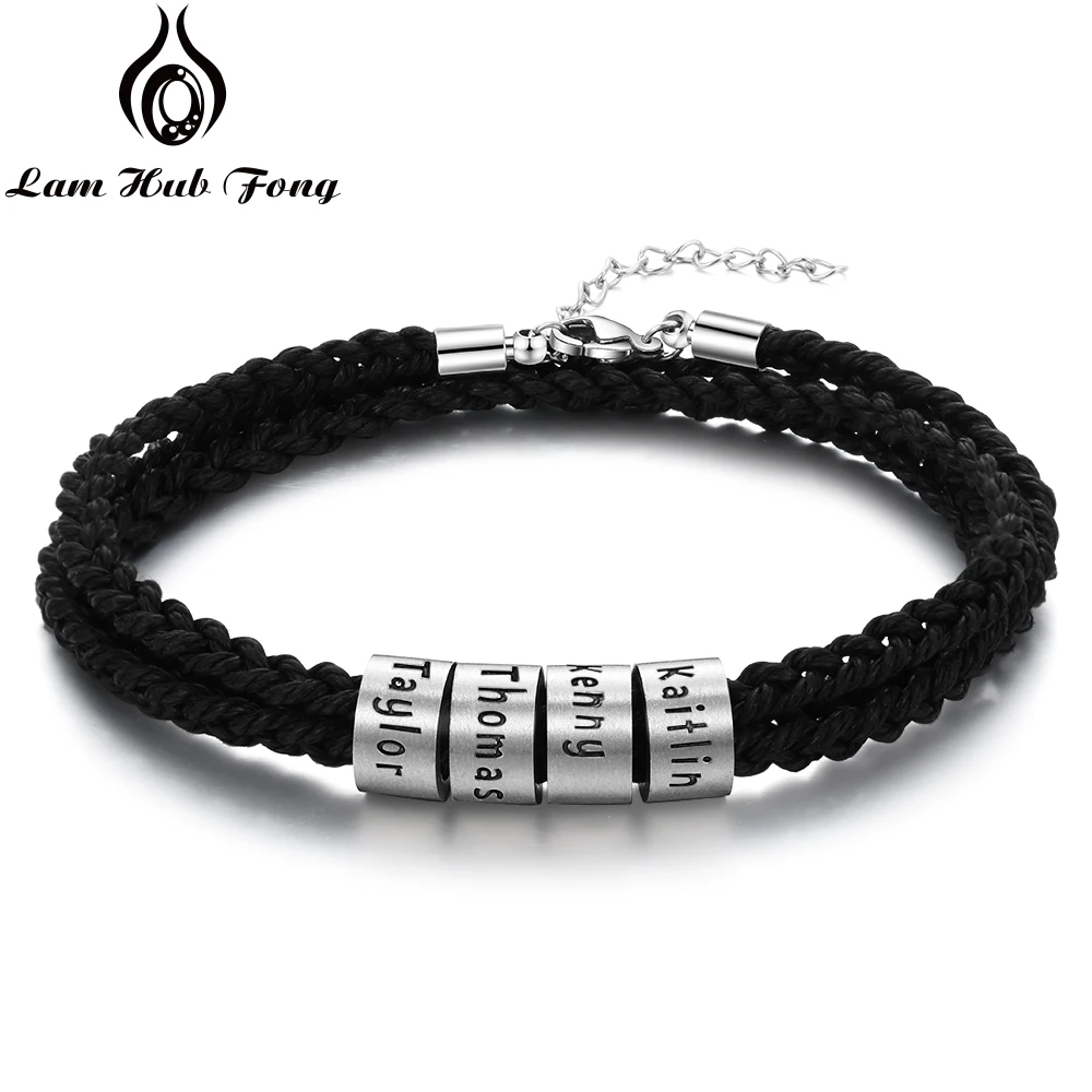 

Personalized Stainless Steel Bracelet Men Braided Rope Bracelet with 4 Custom Beads Charms Jewelry Family Gift (Lam Hub Fong)