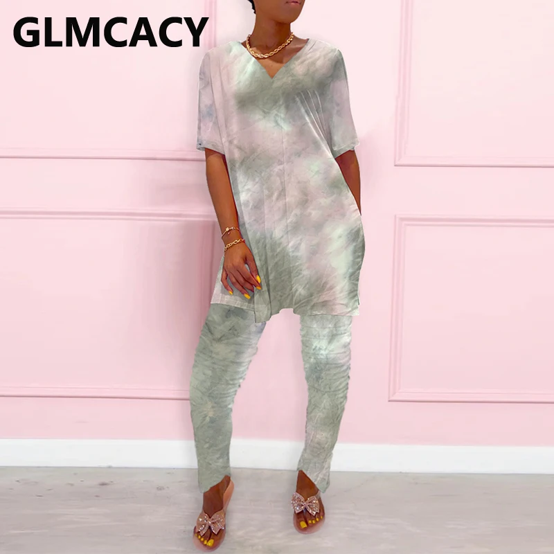 

Women Two Piece Loungewear Suits Abstract Printed Short Sleeve Shirt Top and Casual Pants Set