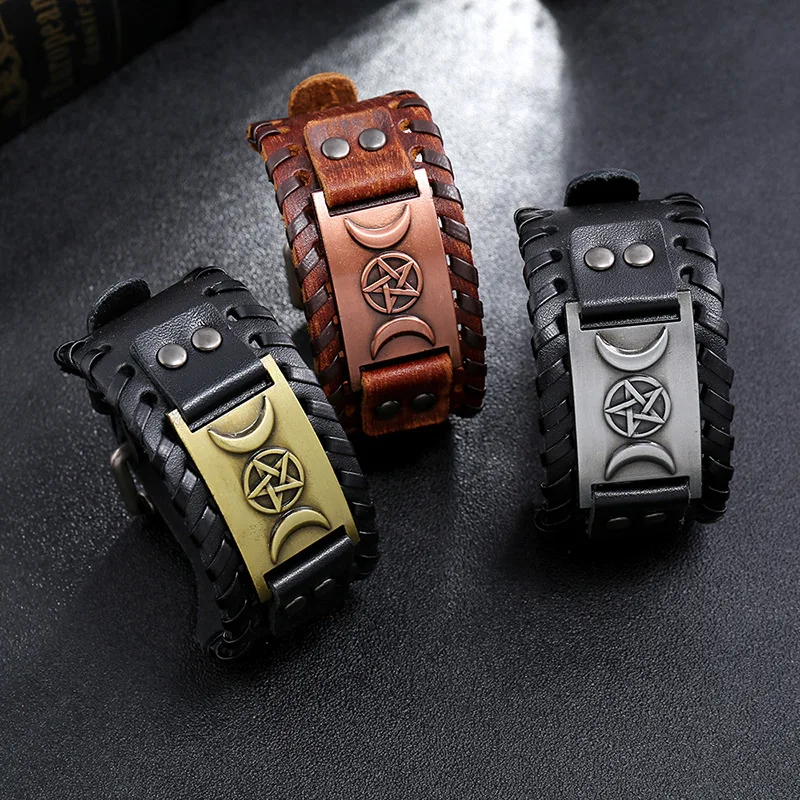 Модный широкий кожаный браслет с подвеской искусственная кожа звезда луна