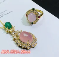 Genuine 925 Silver Gold-plated Inlaid Natural Pink Chalcedony Agate Jade Pendant Ring Perfect Handring Chain Jewelry Sets