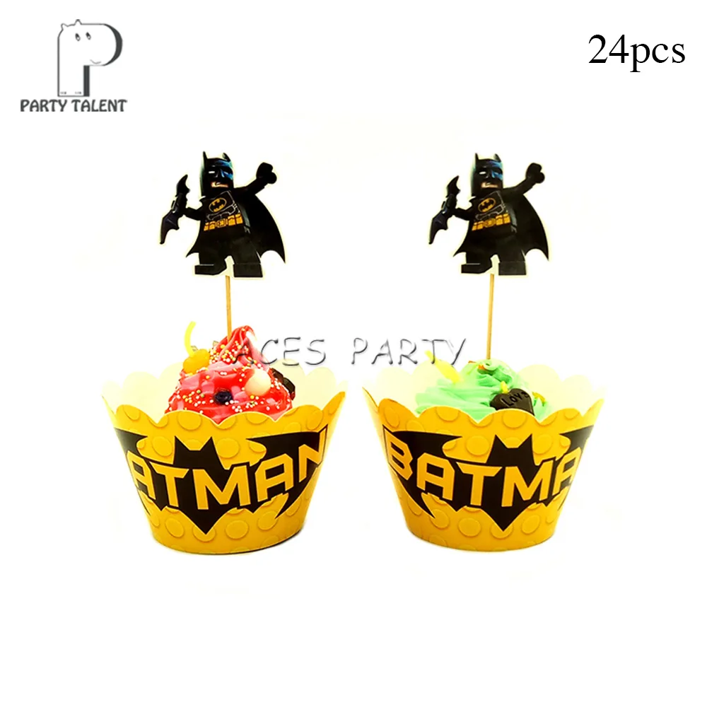 24pcs cupcakedecoA Мальчики дети супер герой Бэтмен тема посуда для вечеринки в честь Дня Рождения шар конфеты коробка флаг тарелка чашка соломы кисточкой вечерние принадлежности - Цвет: 24pcs cupcakedecoA