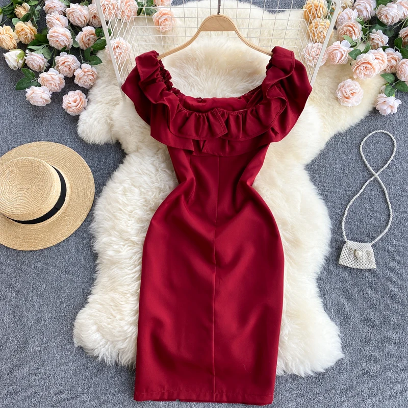 

Sexy Ruffles Slash Neck Off Shoulder Mini Party Dress Women Fashion Summer Korean Sleeveless Slim Fit Front Split Short Dress