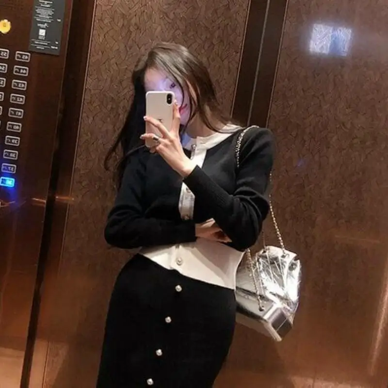 

Korean Half Turtleneck Pink Sweater Long Sleeve Cardigan Two Piece Set Women Knitted Skirt Autumn Winter 2 Piece Set Fashion