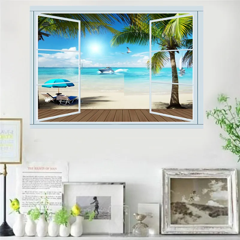 3d яркие наклейки на стену с изображением окна пляжа пальмы гостиной спальни