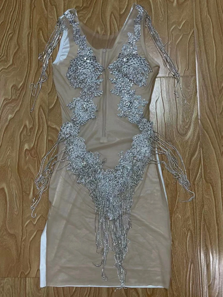 

Sparkly Silver Rhinestones Chain Dress Sexy Transparent Birthday Prom Celebrate Birthday Dress Bar Evening Women Singer Dress