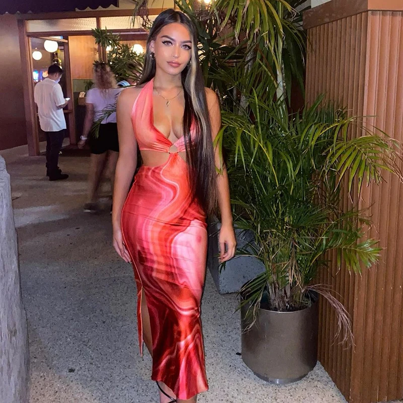

New 2022 Tie Dye Summer Dress Lady Chic Sexy Beach Holiday Party Robe Woman Lace up Hollow out Backless Split Halter Long Dress