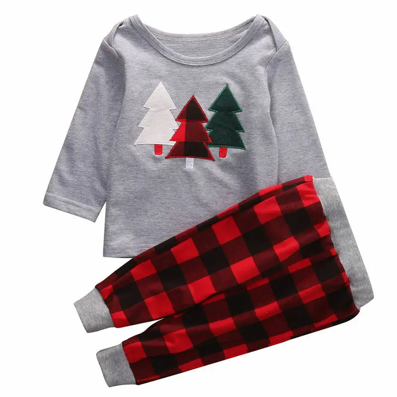 

Toddler Kids Children Christmas Clothes Baby Boys Girls Christmas tree Printed Tops T Shirt Plaid Pants Outfits Xmas Set