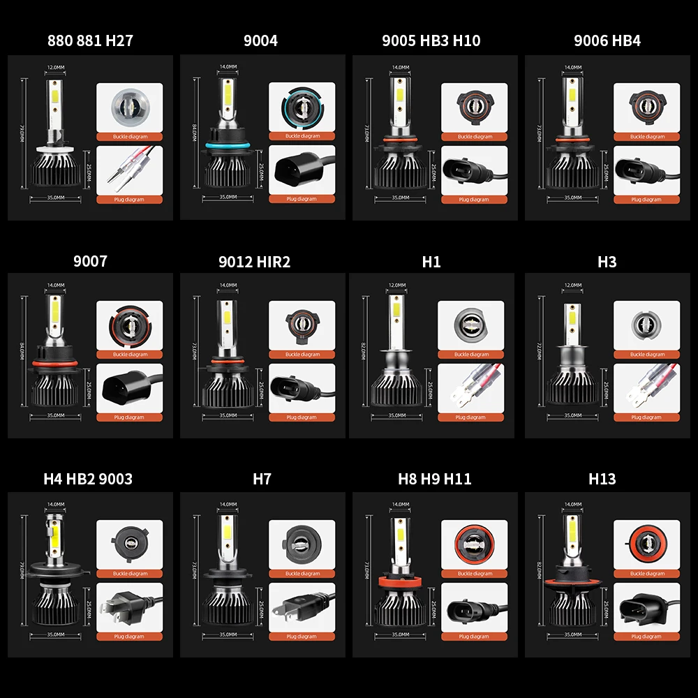 

H1 H3 Led Headlight Bulbs H7 LED Car Lights H4 880 H11 HB3 9004 9005 HB4 9006 9007 9012 H13 6000K 50W 12V 5000LM Auto Headlamps