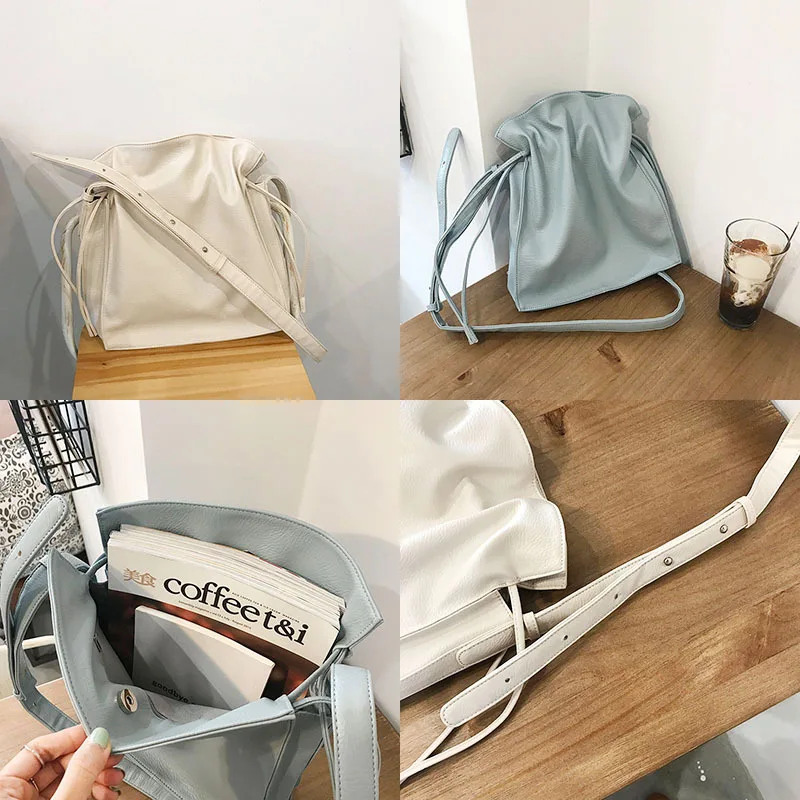 

Messenger big bag satchels Spring and summer new simple pure color pu female bag wild drawstring one-shoulder bucket bag casual