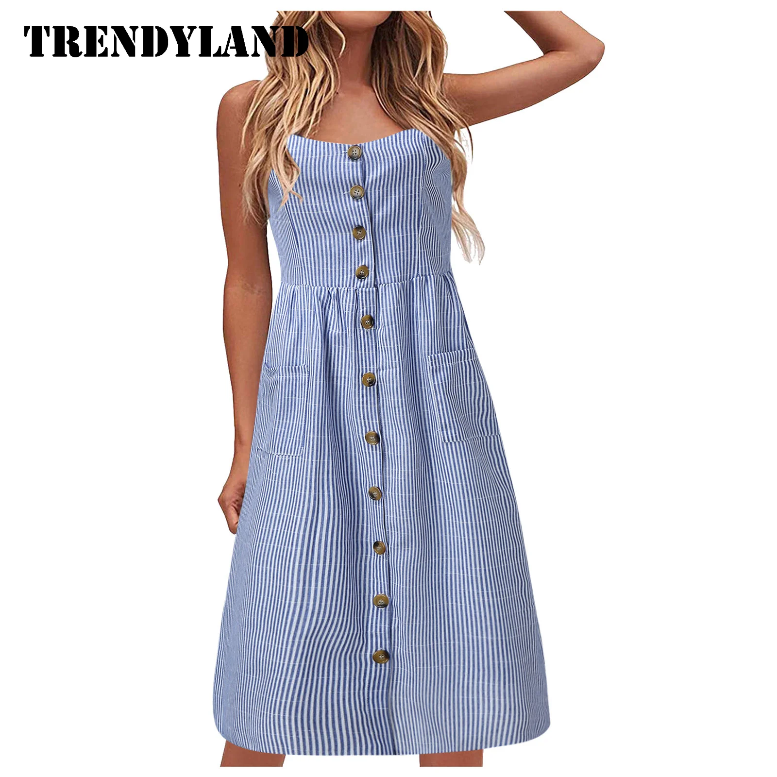 

Trendyland женское летнее платье голубого цвета в стиле ретро с принтами в полоску, платья, модные, повседневные, открытая спина платья Дизайнерс...