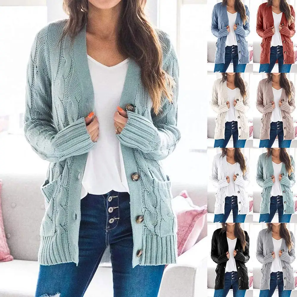 

New Single-breasted Long-sleeved Sweater Cardigan Coat Fashion Warm Women Winter Pockets Female Thick Sweaters Top Knitted G0a0