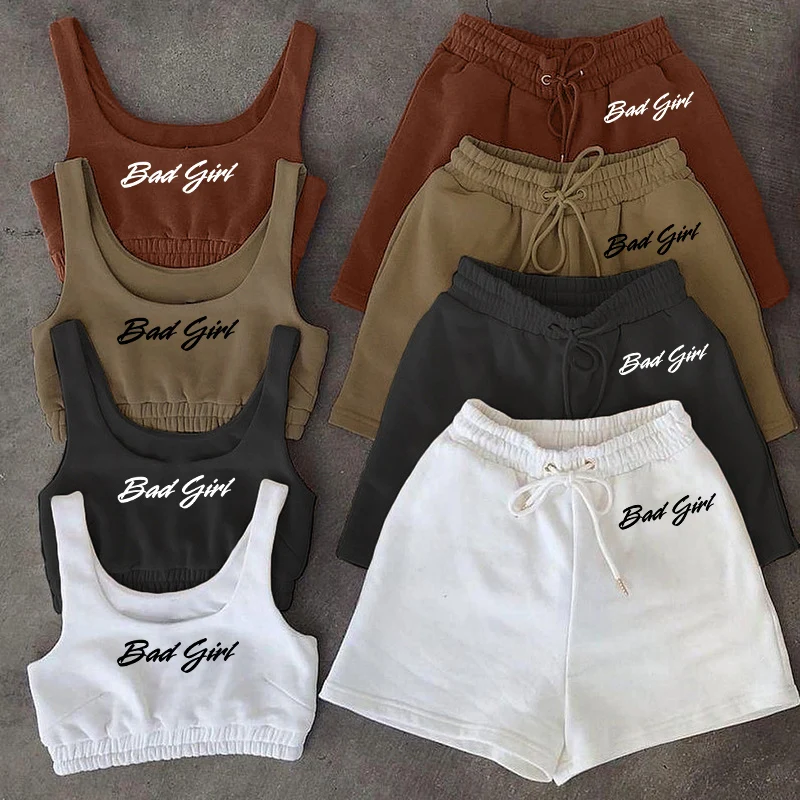 

2 Piece Shorts Set Summer Tracksuit Casual Women Letters High Waist Drawstring Shorts Running Suits Sportswear Workout Outfits