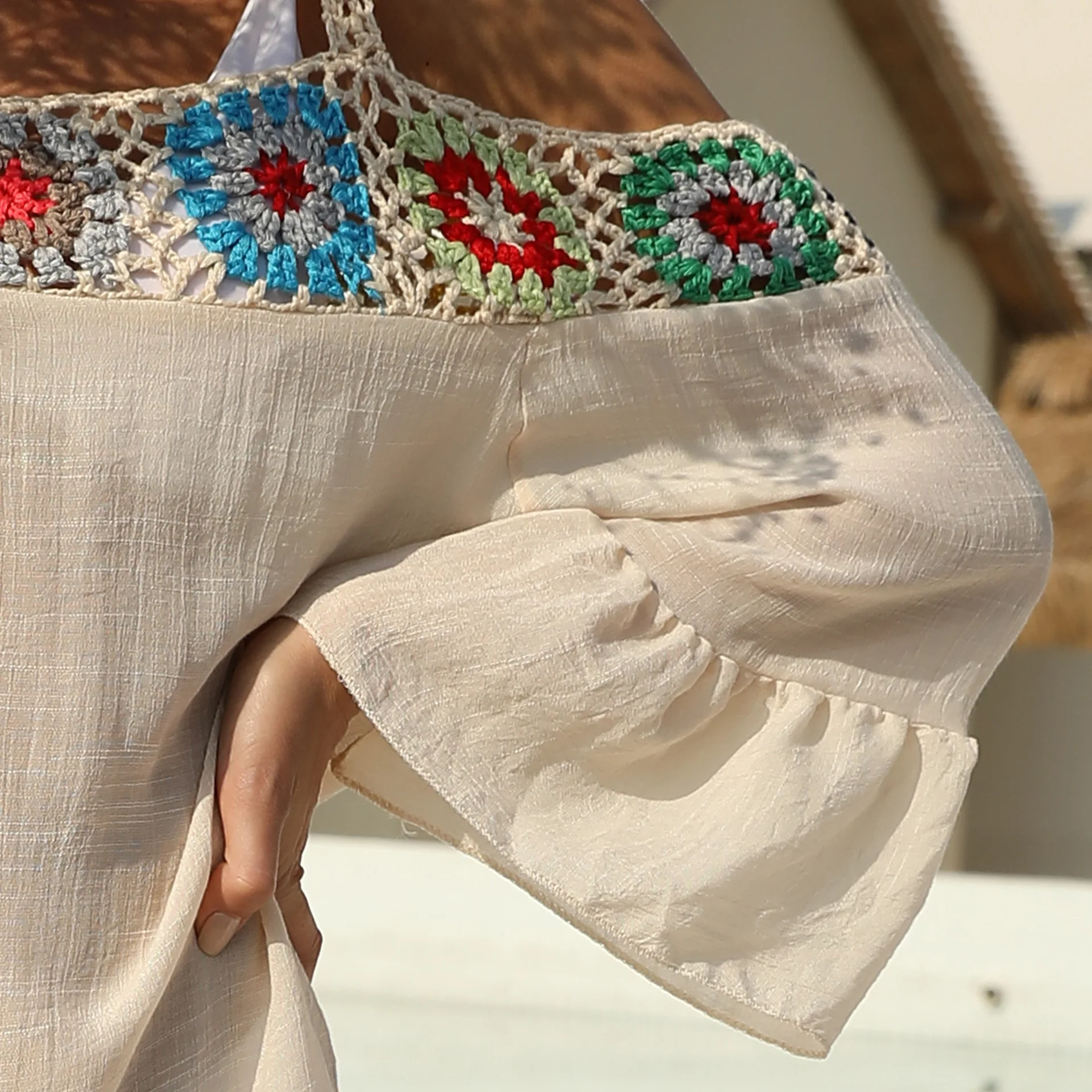 

Summer Sexy Women Loose Flare Sleeve Ruffle Beach Dress Slash Neck Off Shoulder Backless Crochet Patchwork Swimsuit Cover Up