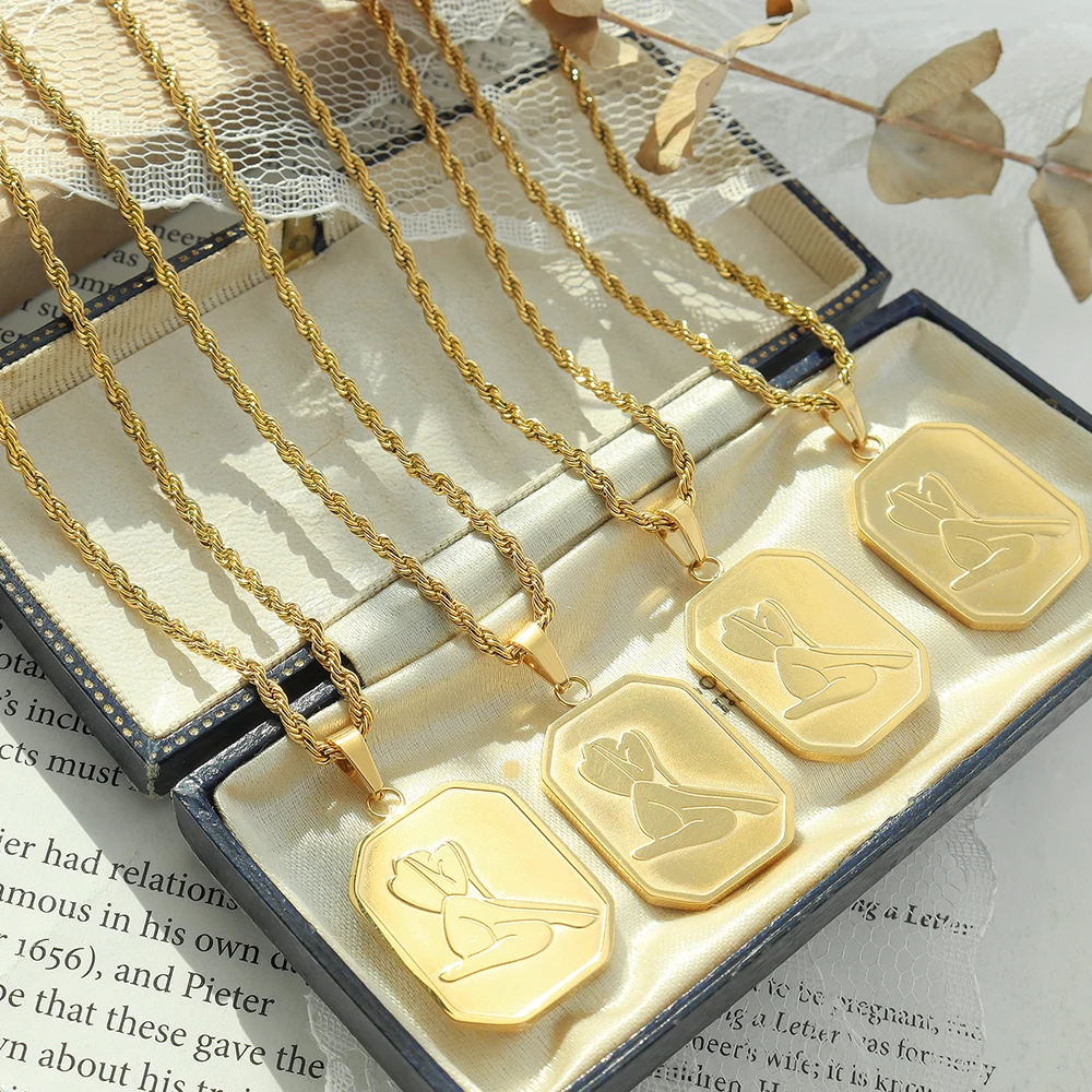 

INS Fashion Women Waterproof Jewelry Women Body Pattern Square Pendant Necklace Silver Gold Color Charm Necklace Chain Jewelry