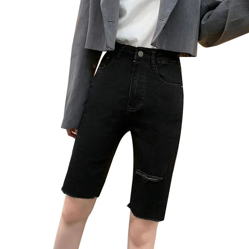 

Black denim pants women's summer 2021 new high waist tight online celebrity cycling pants slim pants