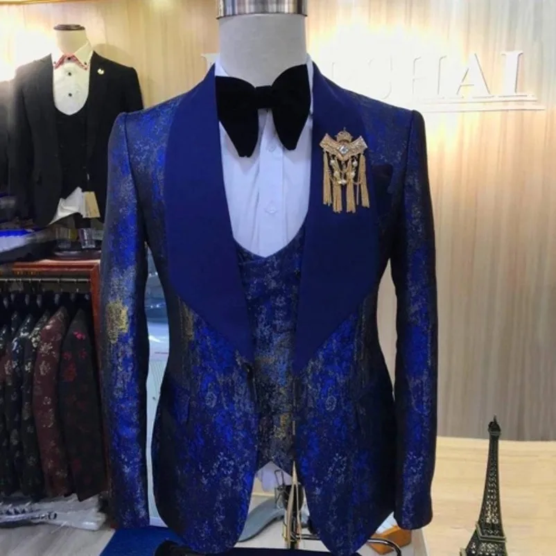 

New Arrival Men Suits One Button Groom Tuxedos Shawl Lapel Groomsmen 3 Pieces Wedding ( Jacket + Pants + Vest + Bow Tie ) D291
