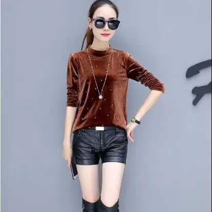 Блузки с бусинами и жемчугом 2019 осень женщины бархат блузка длинными рукавами