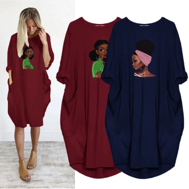 

Beautiful Black Girl Print Dress Loose Street Style Vintage Dresses for Women Autumn Spring Clothing o Neck Vestidos